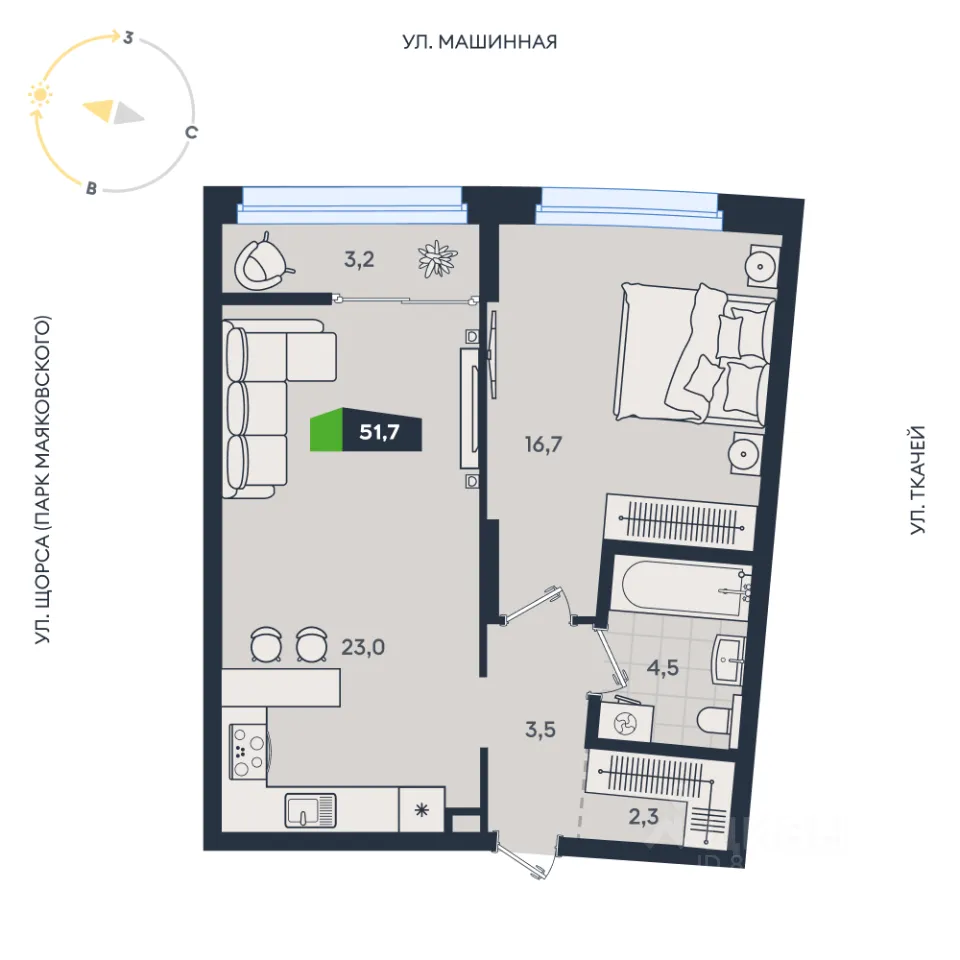 2-к кв. Свердловская область, Екатеринбург ул. Машинная, 1в/2 (51.7 м²)