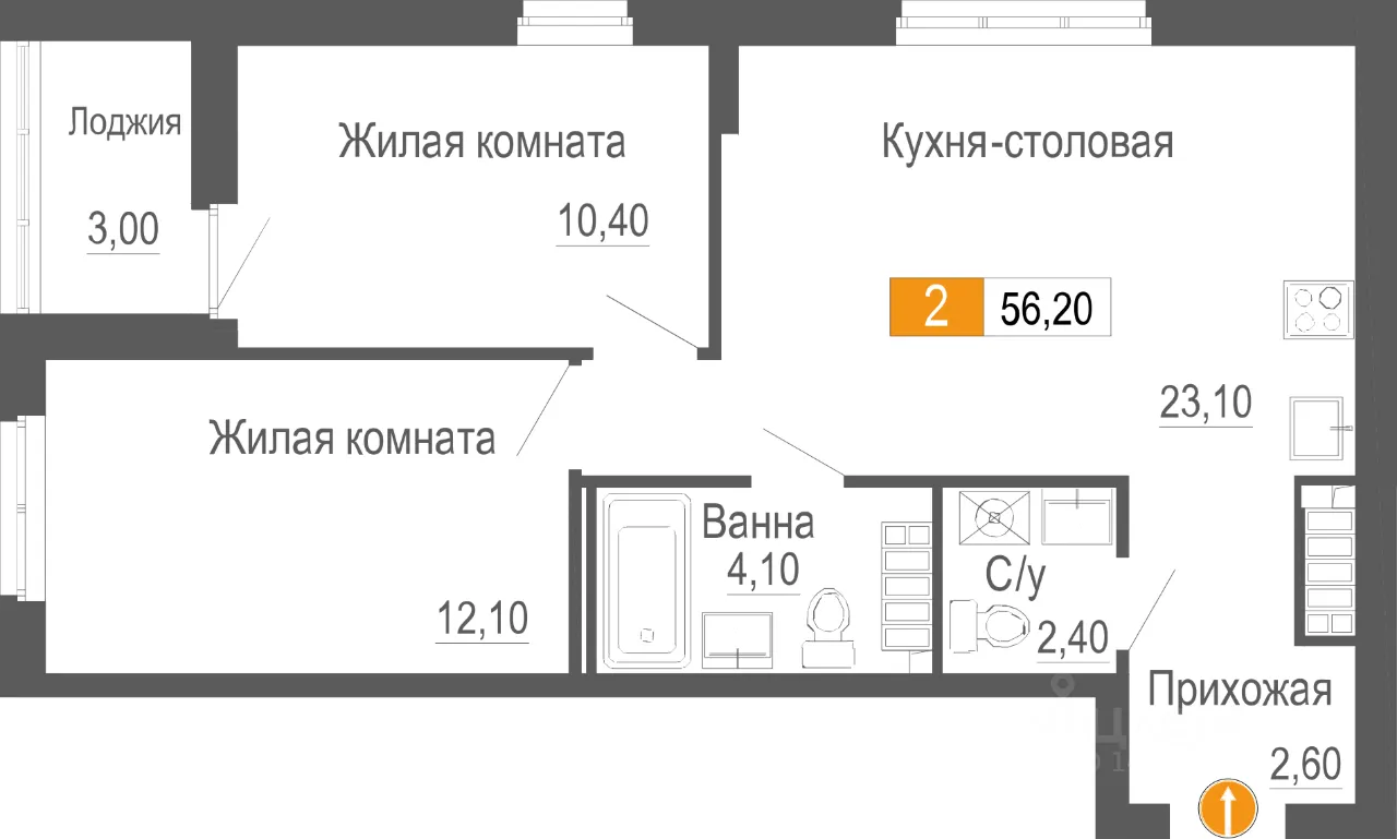 2-к кв. Свердловская область, Екатеринбург ул. Новостроя, 3А (54.5 м²)
