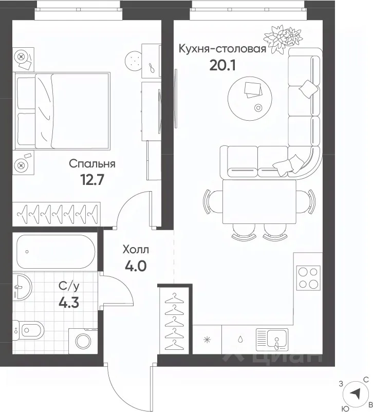 1-к кв. Свердловская область, Екатеринбург Солнечный жилрайон,  (41.1 м²)