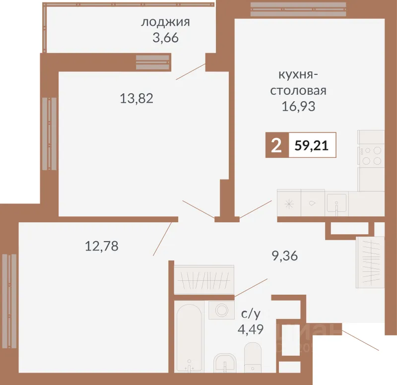 2-к кв. Свердловская область, Екатеринбург пер. Старателей (59.21 м²)