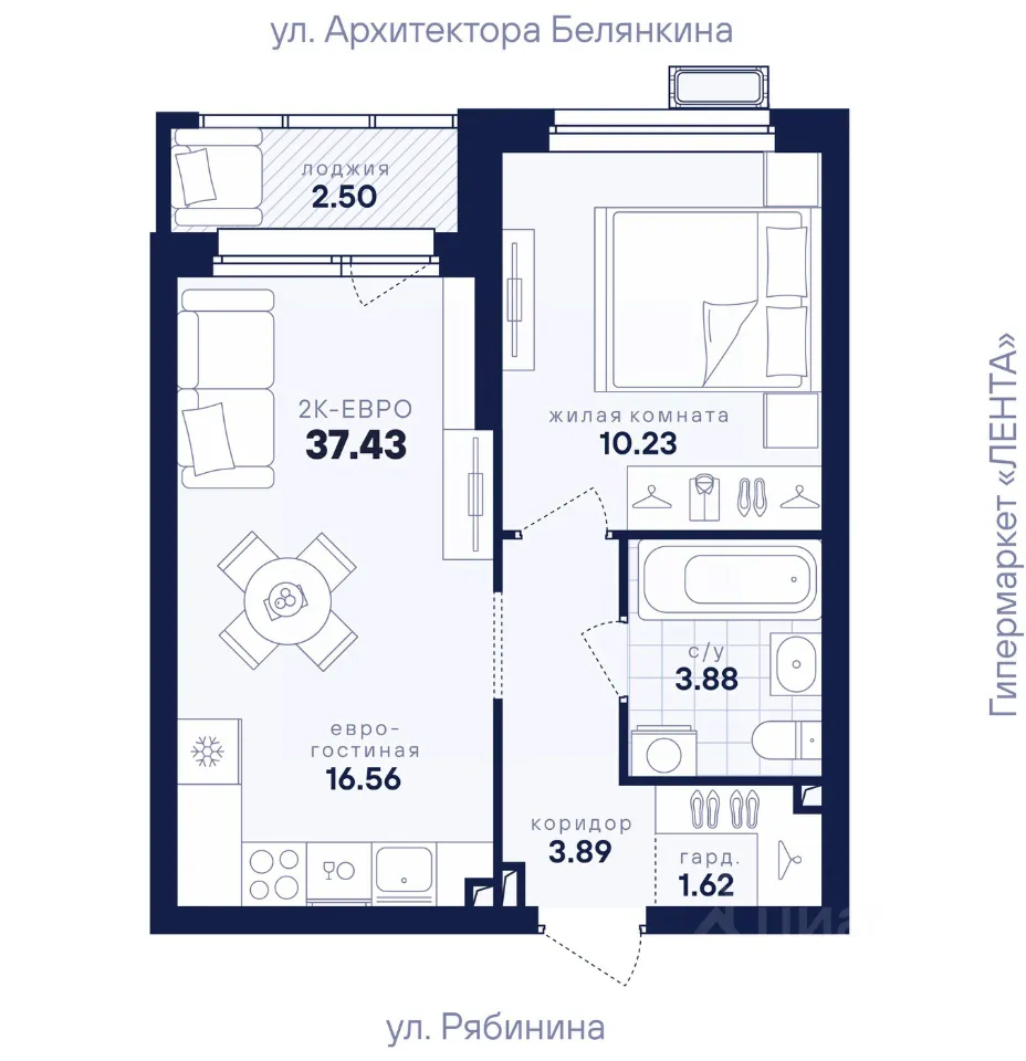 1-к кв. Свердловская область, Екатеринбург ул. Рябинина, 42 (37.43 м²)