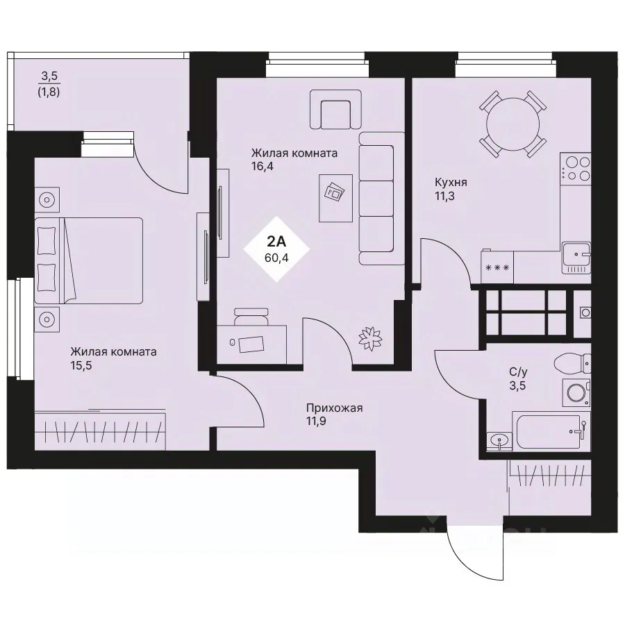 2-к кв. Свердловская область, Екатеринбург просп. Космонавтов, 108/5 (60.35 м²)