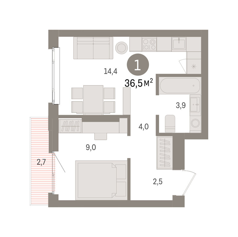 1-комнатная квартира: Екатеринбург, жилой район Сортировочный, микрорайон Старая Сортировка, ЖК Квартал Траектория (36.5 м²)