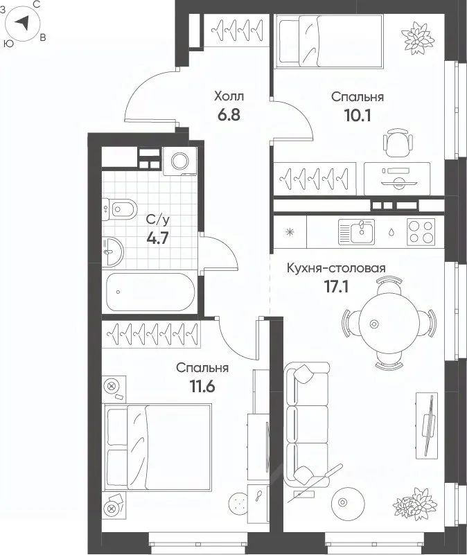 2-к кв. Свердловская область, Екатеринбург Солнечный жилрайон,  (50.3 м²)