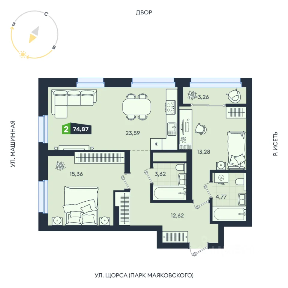 2-к кв. Свердловская область, Екатеринбург ул. Машинная, 1В/4 (74.87 м²)