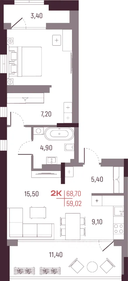 2-к кв. Свердловская область, Екатеринбург ул. Академика Вавилова, 7 (59.4 м²)