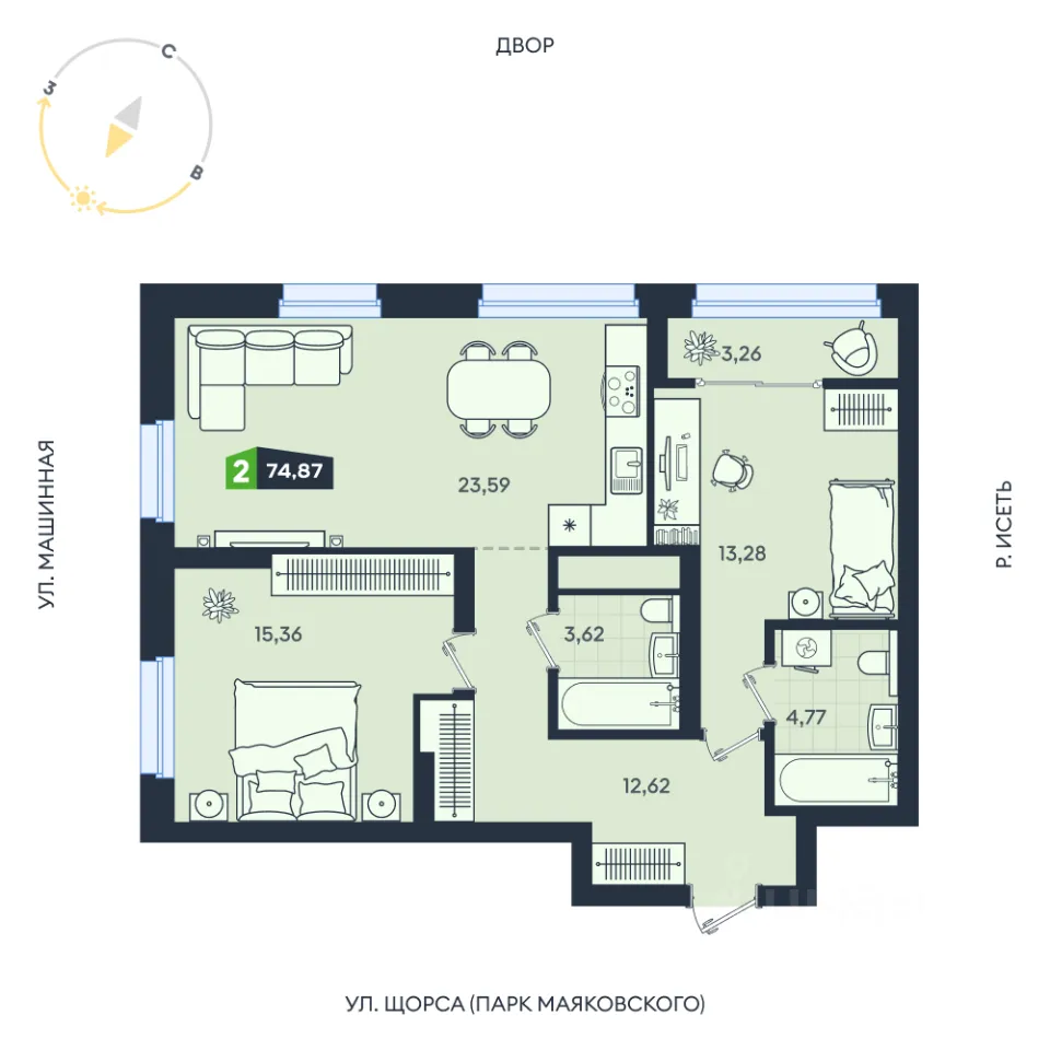 2-к кв. Свердловская область, Екатеринбург ул. Машинная, 1В/4 (74.87 м²)