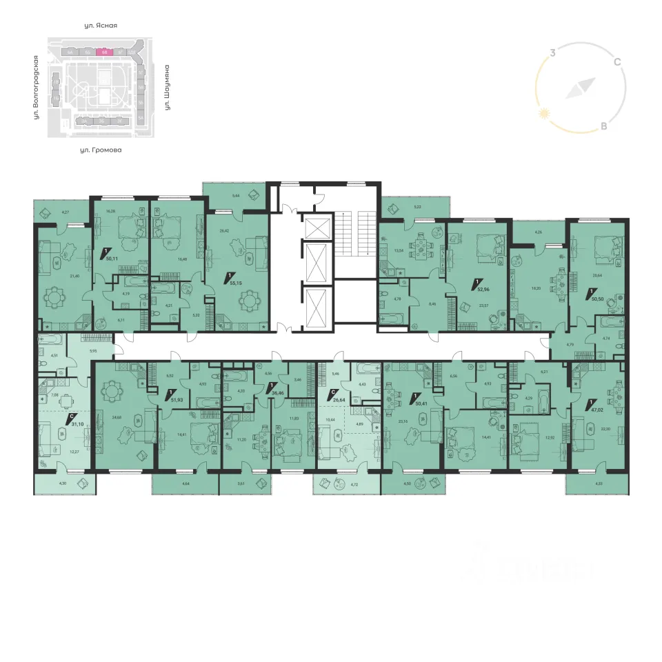 1-к кв. Свердловская область, Екатеринбург ул. Громова, 26/3 (51.1 м²)