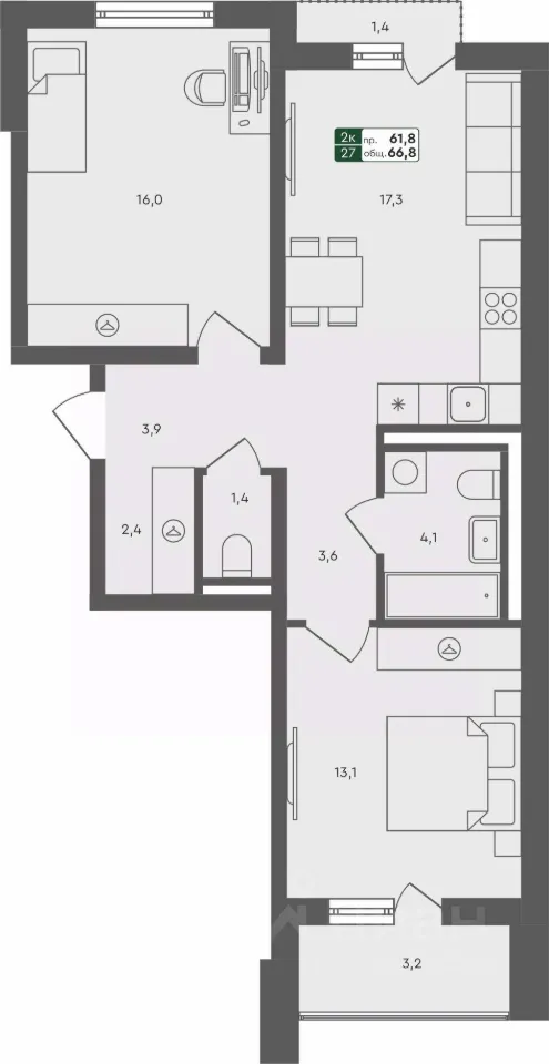 2-к кв. Свердловская область, Екатеринбург ул. Абрикосовая, 60/1 (66.8 м²)