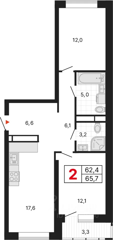 2-к кв. Свердловская область, Екатеринбург ул. Студенческая, 1А (65.48 м²)