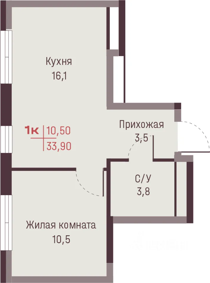1-к кв. Свердловская область, Екатеринбург ул. Академика Ландау, 13 (33.9 м²)