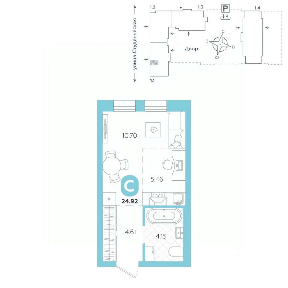 Студия Свердловская область, Екатеринбург ул. Студенческая, 1А (24.92 м²)