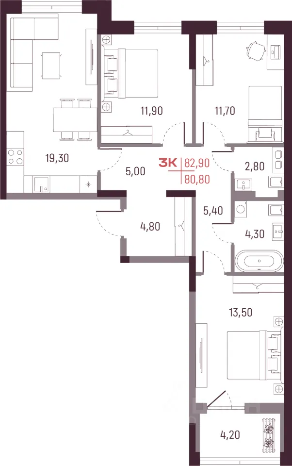 3-к кв. Свердловская область, Екатеринбург ул. Академика Вавилова, 7 (81.3 м²)