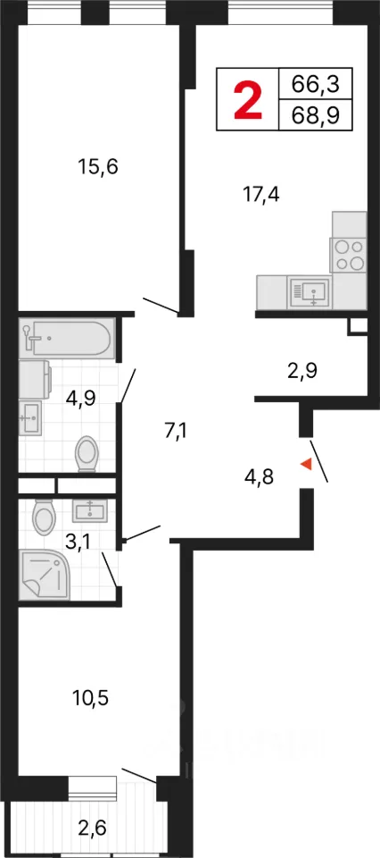 2-к кв. Свердловская область, Екатеринбург ул. Студенческая, 1А (68.8 м²)