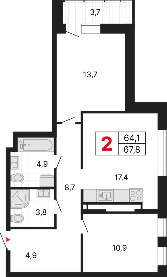 2-к кв. Свердловская область, Екатеринбург ул. Студенческая, 1А (67.81 м²)