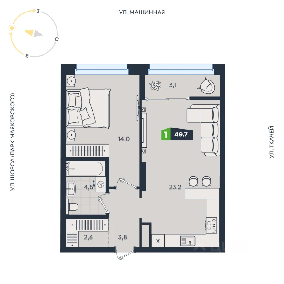 1-к кв. Свердловская область, Екатеринбург ул. Машинная, 1в/2 (49.7 м²)