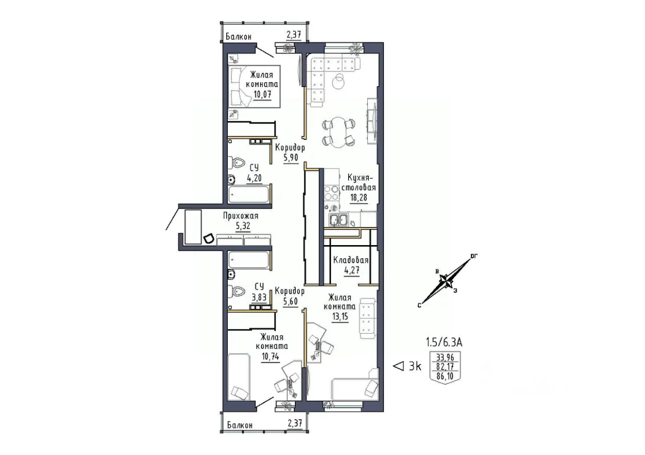 3-к кв. Свердловская область, Екатеринбург ул. Тюльпановая, 11 (86.1 м²)