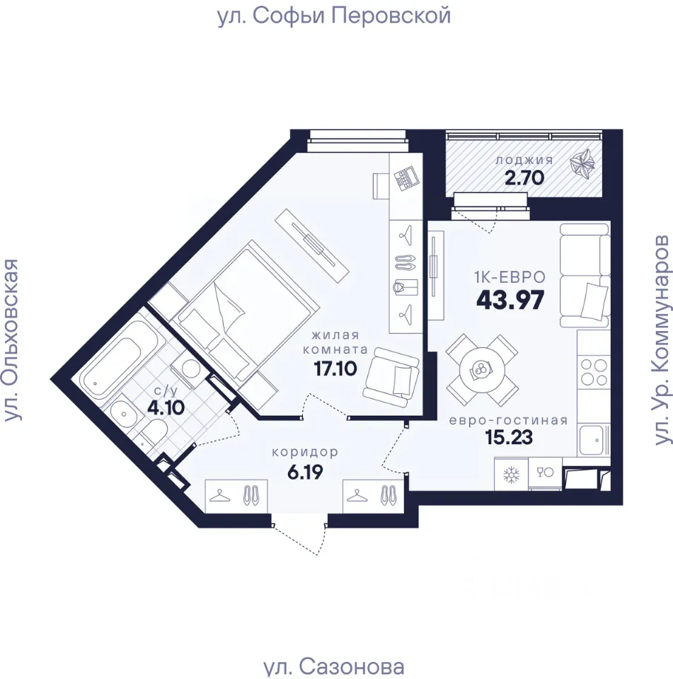 1-к кв. Свердловская область, Екатеринбург ул. Софьи Перовской, 106А (43.97 м²)