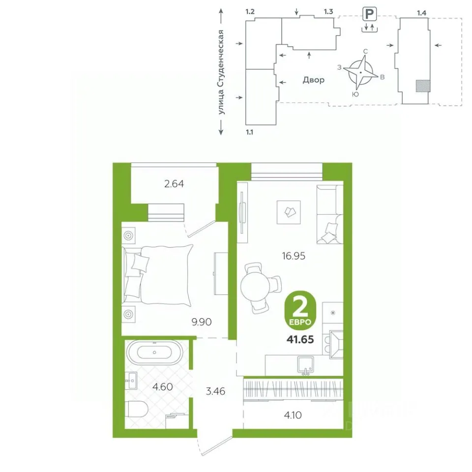 1-к кв. Свердловская область, Екатеринбург ул. Студенческая, 1А (41.65 м²)