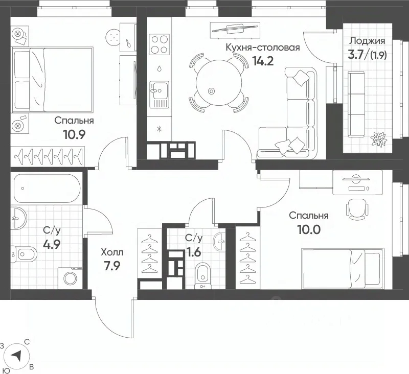 2-к кв. Свердловская область, Екатеринбург Солнечный жилрайон, (51.4 м²)
