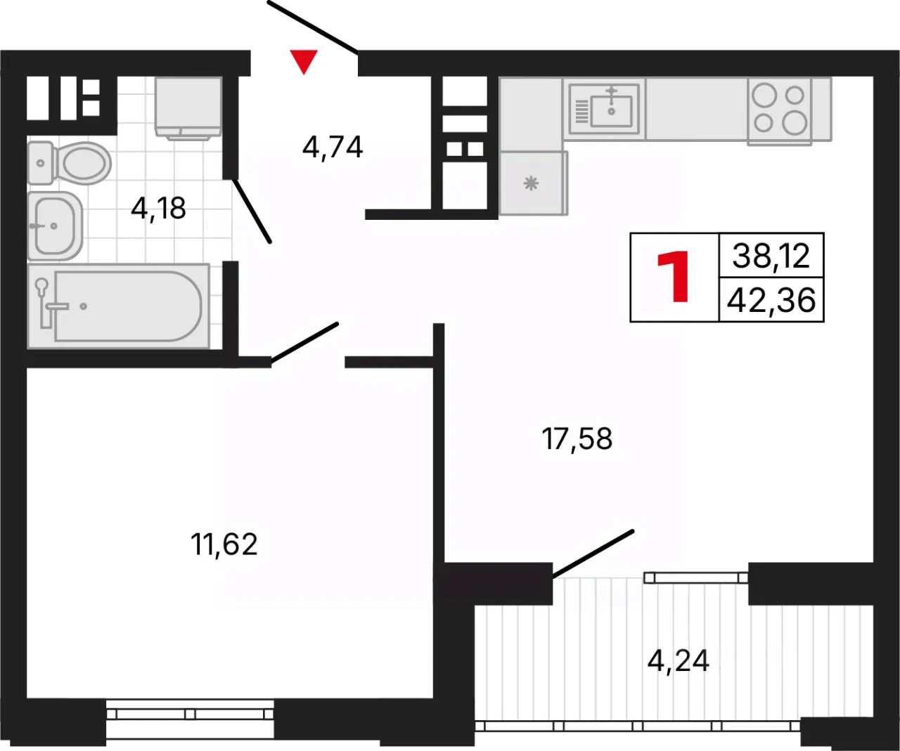 1-к кв. Свердловская область, Екатеринбург ул. Депутатская (42.28 м²)