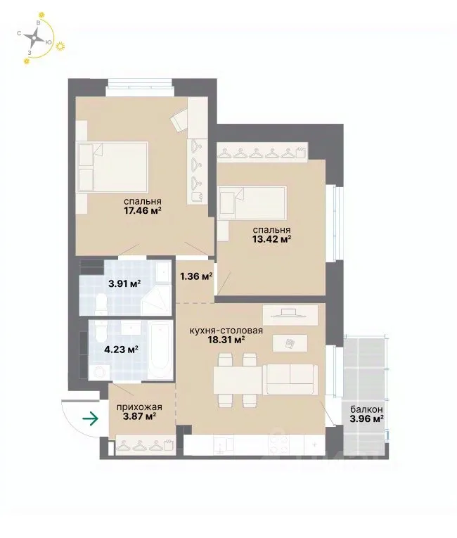 2-к кв. Свердловская область, Екатеринбург ул. Циолковского (66.52 м²)