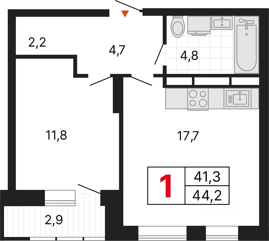 1-к кв. Свердловская область, Екатеринбург ул. Студенческая, 1А (44.22 м²)