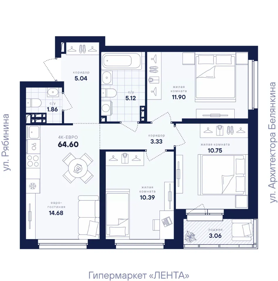 3-к кв. Свердловская область, Екатеринбург ул. Рябинина, 42 (64.6 м²)