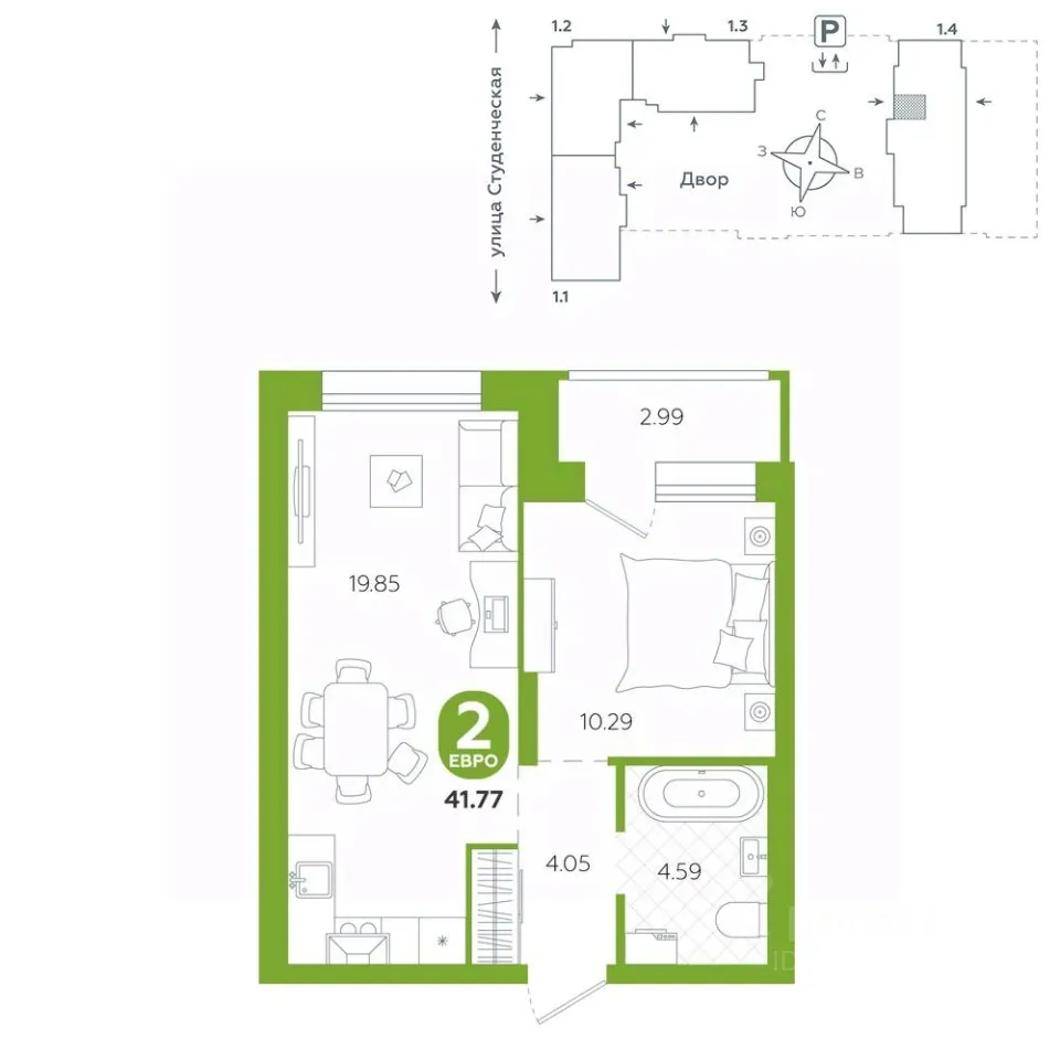 1-к кв. Свердловская область, Екатеринбург ул. Студенческая, 1А (41.77 м²)