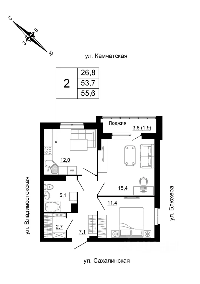 2-к кв. Свердловская область, Екатеринбург ул. Сахалинская, 22 (55.6 м²)