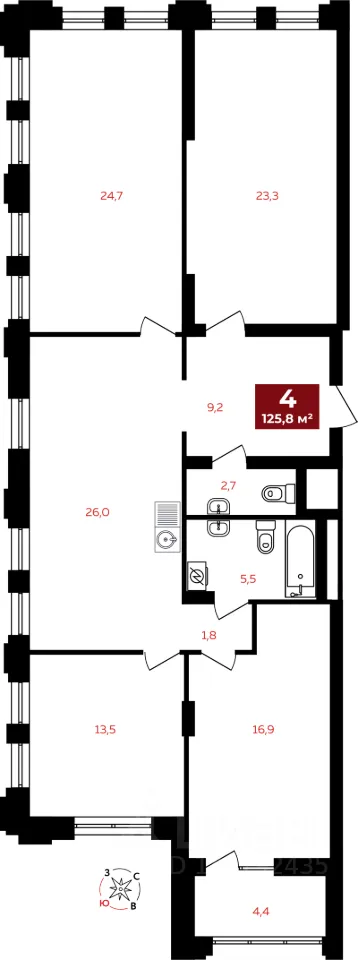 4-к кв. Свердловская область, Екатеринбург Южный жилрайон, Квартал Федерация жилой комплекс (125.8 м²)