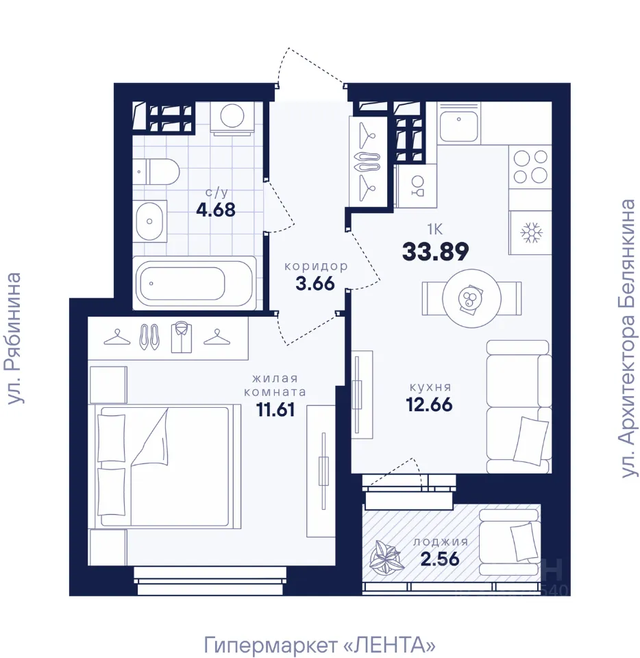 1-к кв. Свердловская область, Екатеринбург ул. Рябинина, 42 (33.89 м²)