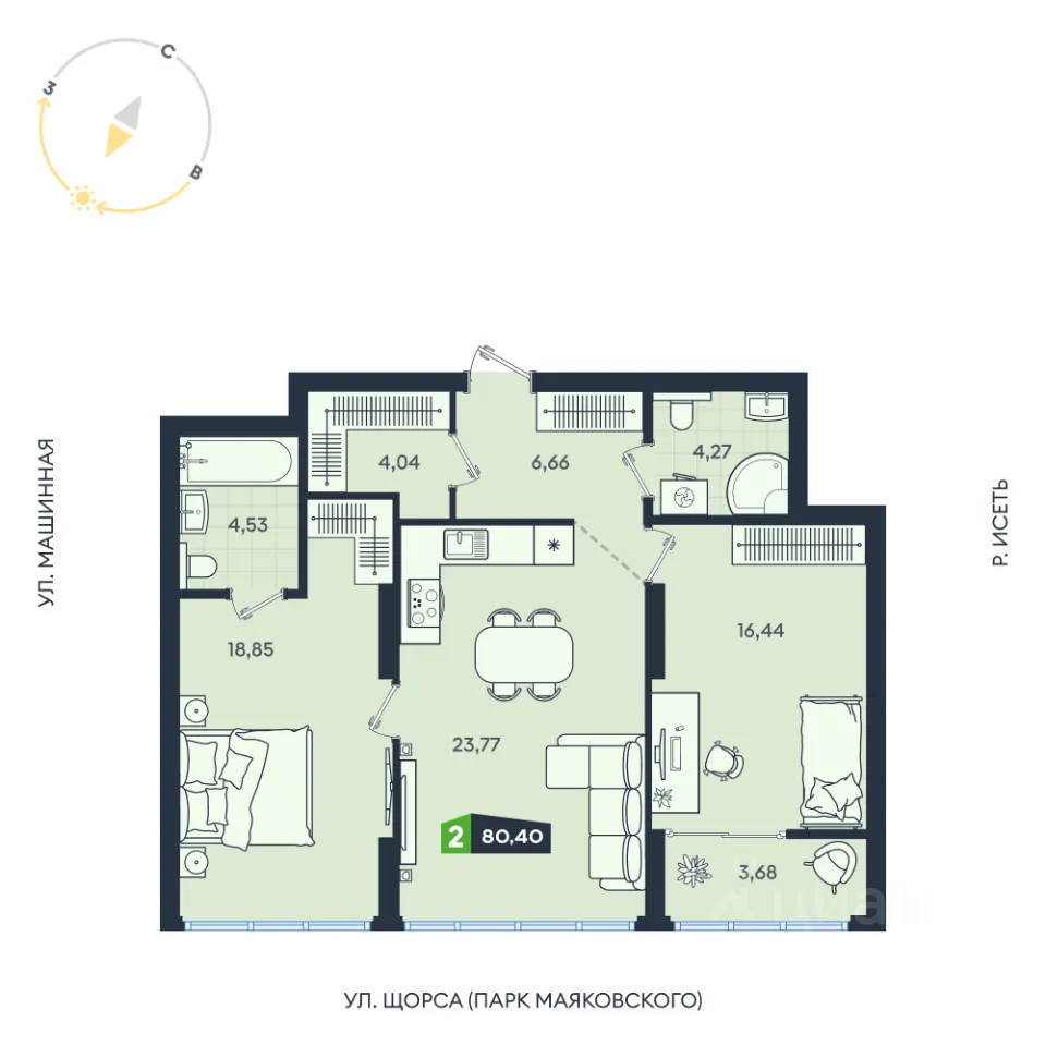 2-к кв. Свердловская область, Екатеринбург ул. Машинная, 1В/4 (80.4 м²)