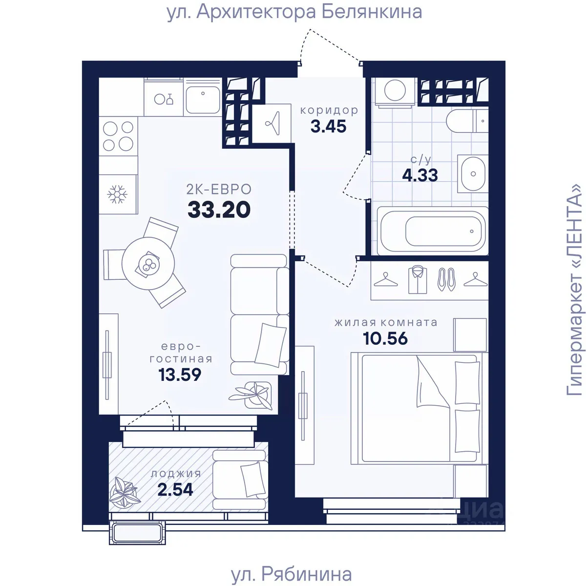 1-к кв. Свердловская область, Екатеринбург ул. Рябинина, 42 (33.2 м²)