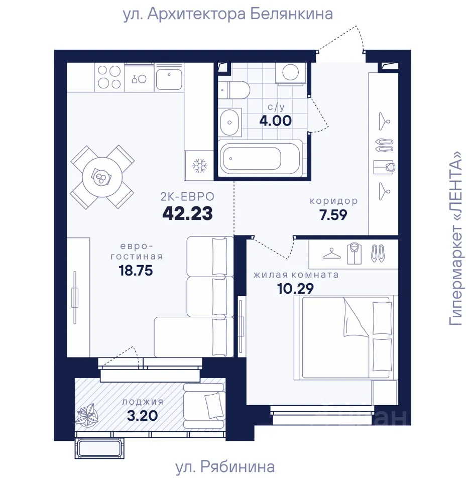 1-к кв. Свердловская область, Екатеринбург ул. Рябинина, 42 (42.23 м²)