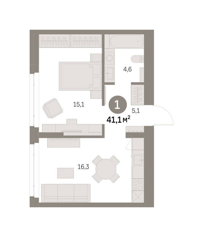 1-комнатная квартира: Екатеринбург, микрорайон Академический, 19-й квартал, ЖК Брусника в Академическом (41.1 м²)