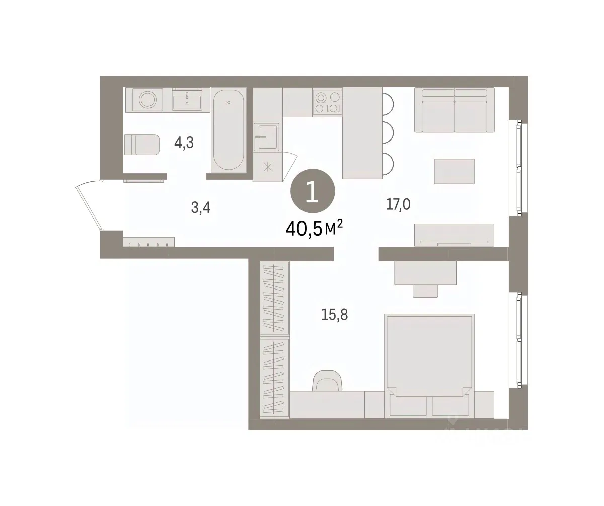 1-к кв. Свердловская область, Екатеринбург пер. Торфяной, 10 (40.5 м²)