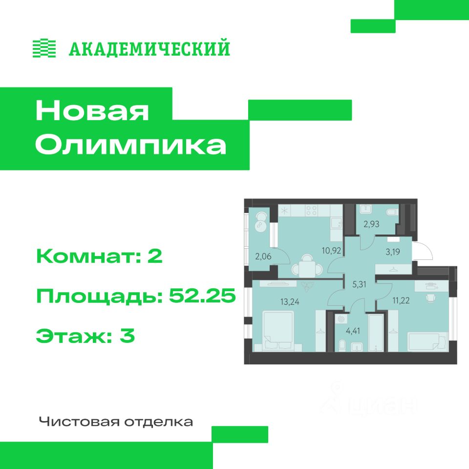 2-к кв. Свердловская область, Екатеринбург ул. Академика Парина, 27 (52.25 м²)