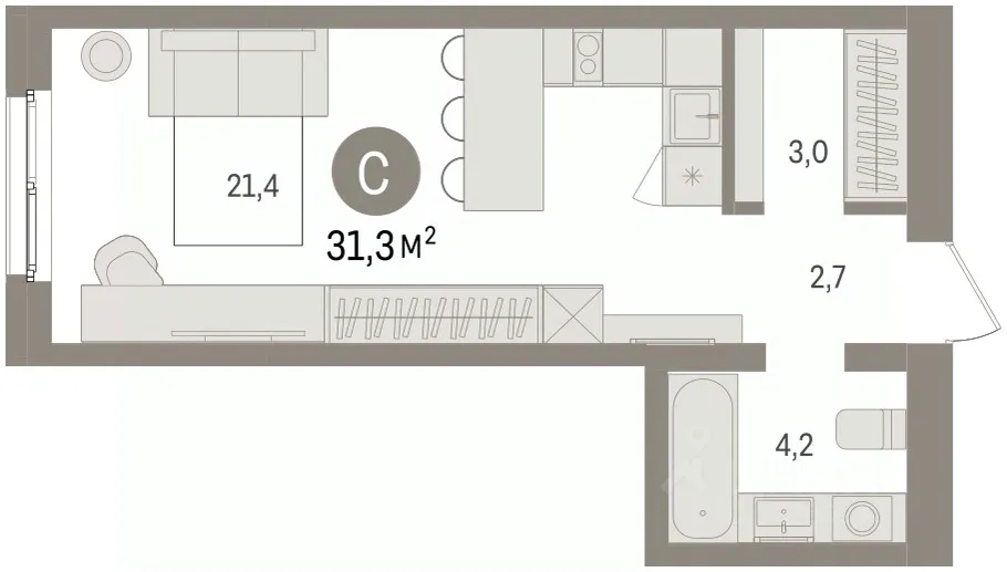 Студия Свердловская область, Екатеринбург пер. Торфяной, 10 (31.3 м²)