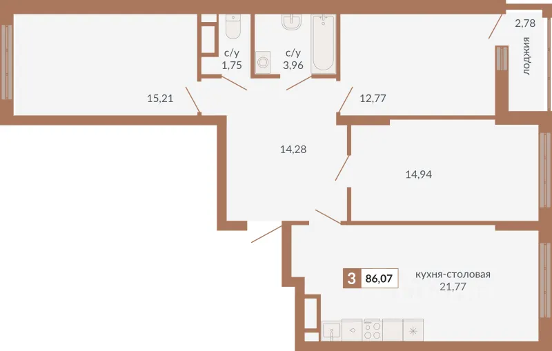 3-к кв. Свердловская область, Екатеринбург пер. Старателей (86.07 м²)