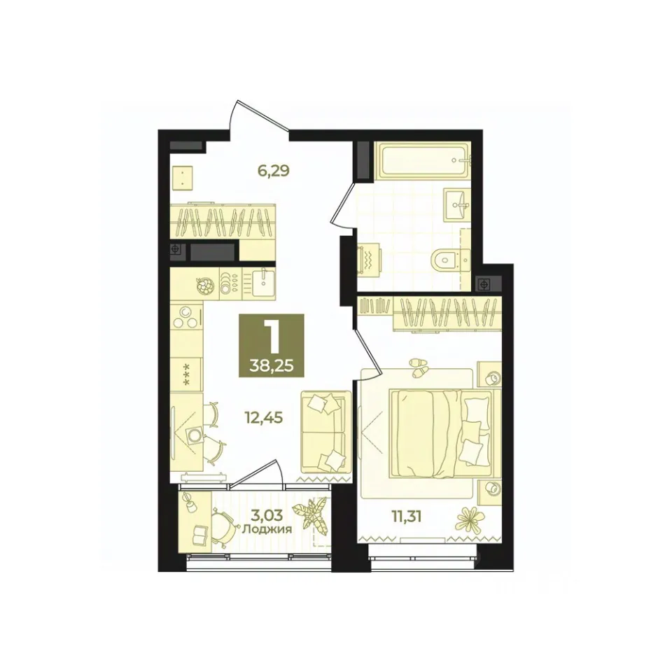1-к кв. Свердловская область, Екатеринбург ул. Блюхера, 26 (38.25 м²)
