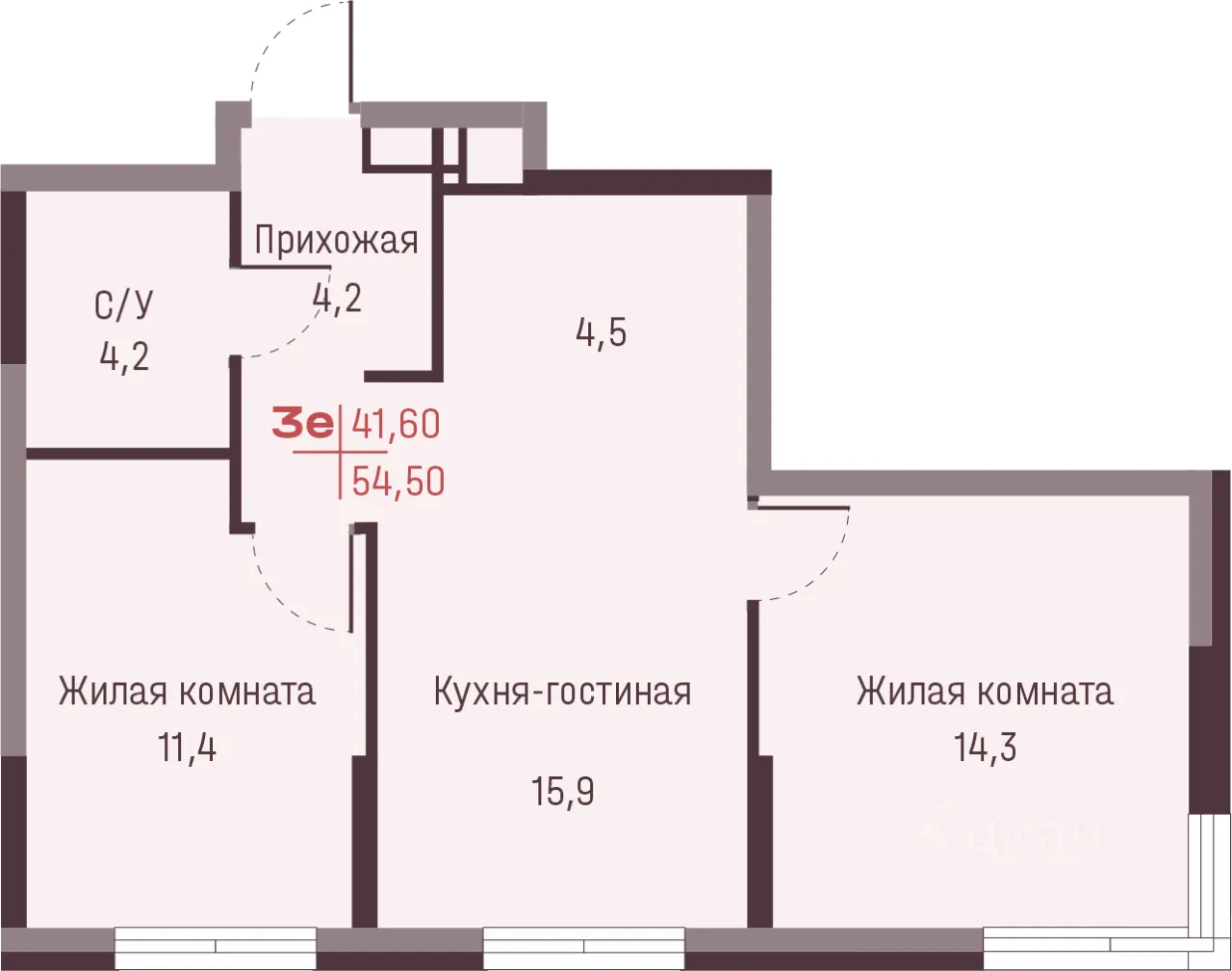 3-к кв. Свердловская область, Екатеринбург ул. Академика Ландау, 13 (54.5 м²)