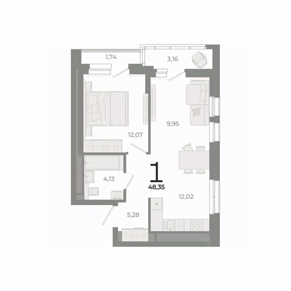 1-к кв. Свердловская область, Екатеринбург ул. Фурманова (48.8 м²)