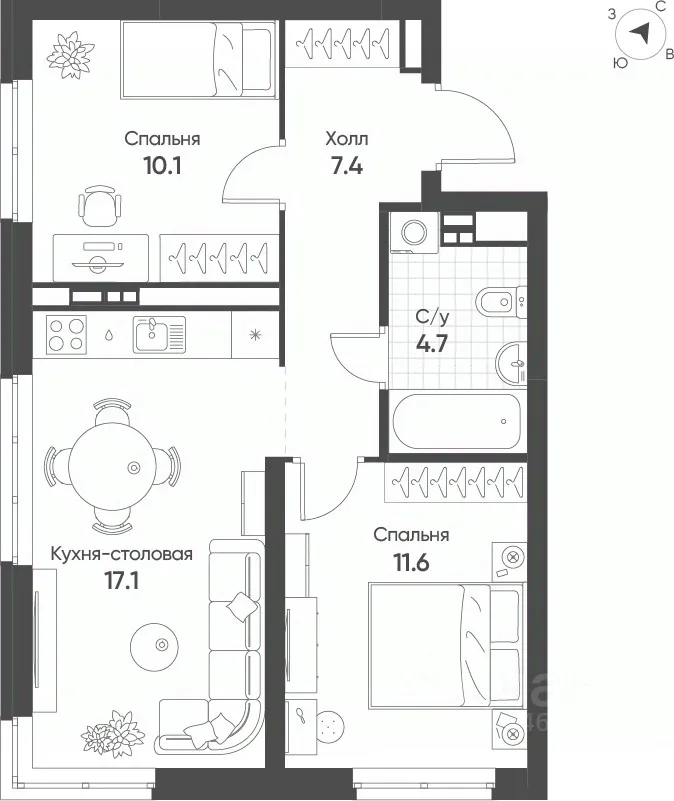 2-к кв. Свердловская область, Екатеринбург Солнечный жилрайон,  (50.9 м²)