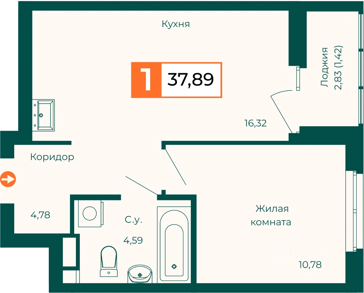 1-к кв. Свердловская область, Екатеринбург ВИЗ жилрайон,  (37.89 м²)