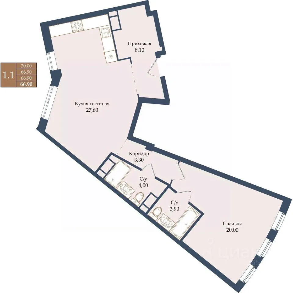 2-к кв. Свердловская область, Екатеринбург ул. Щербакова, 20 (66.9 м²)