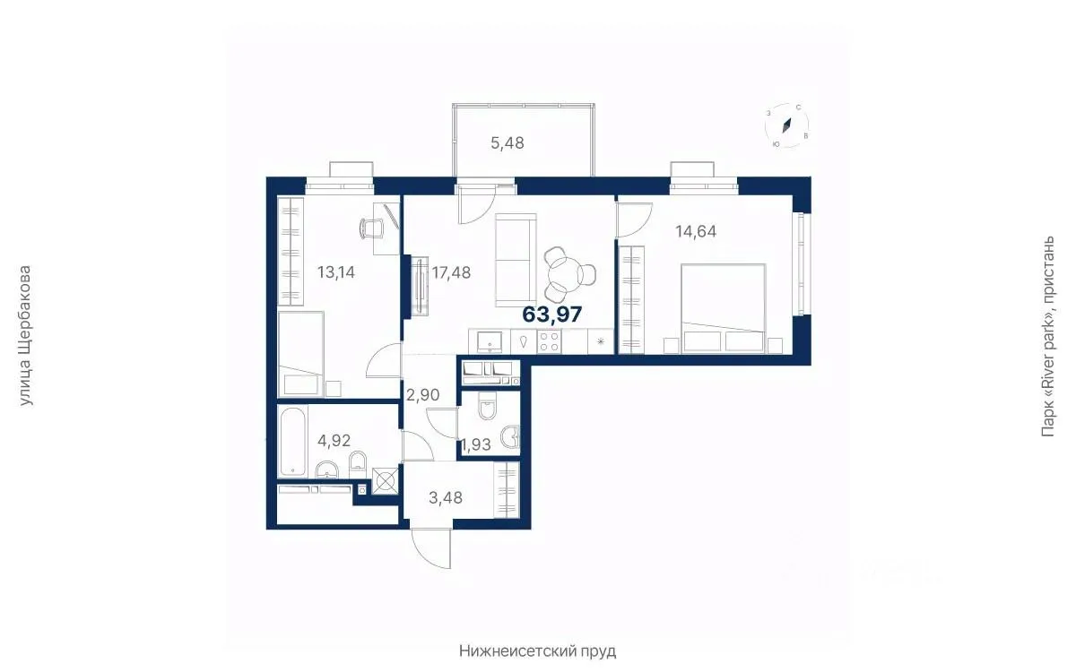 2-к кв. Свердловская область, Екатеринбург ул. Щербакова, 152 (64.3 м²)