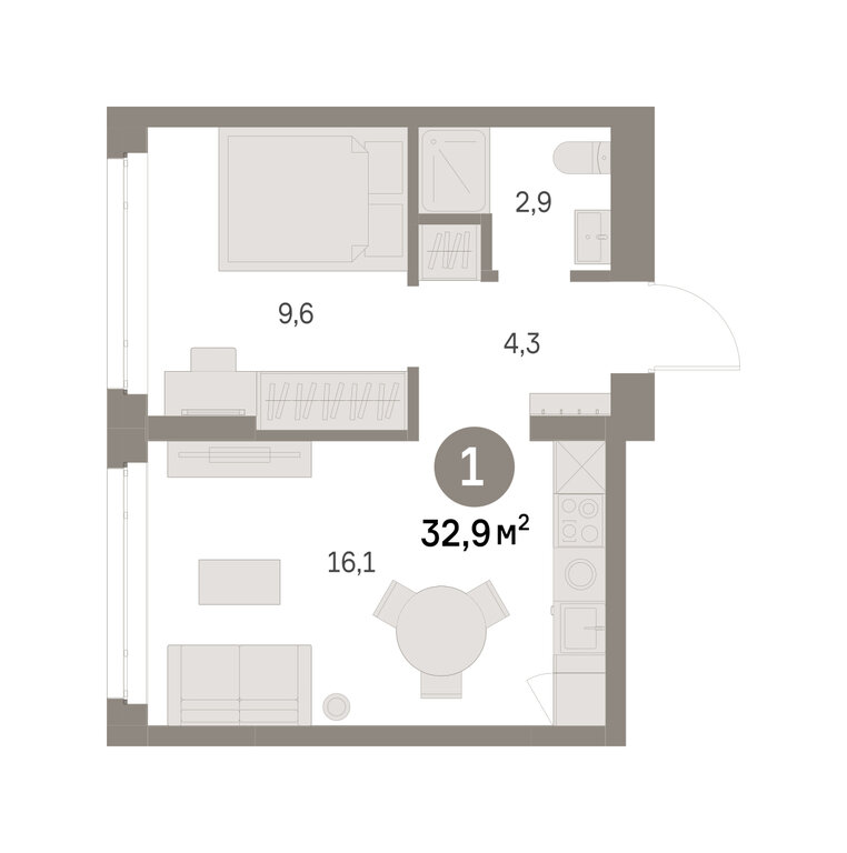1-комнатная квартира: Екатеринбург, микрорайон Академический, 19-й квартал, ЖК Брусника в Академическом (32.86 м²)