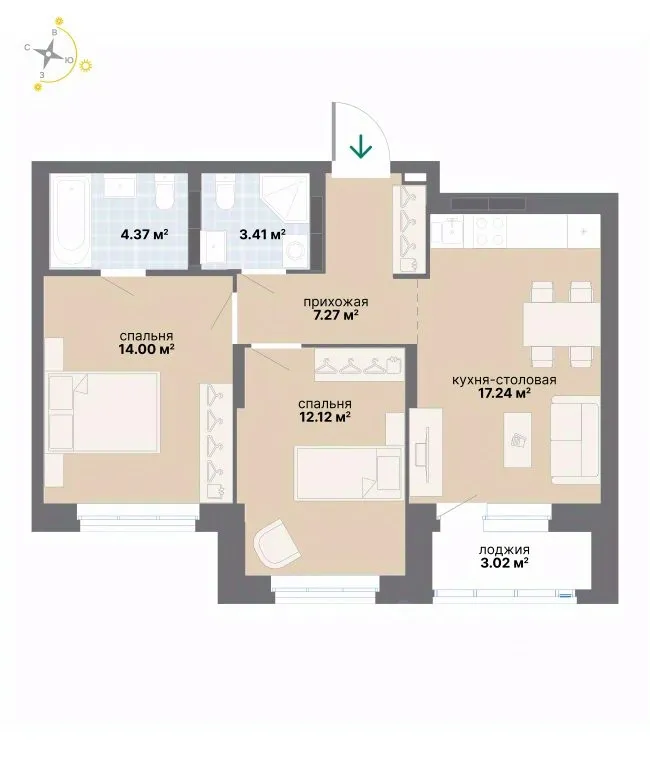 2-к кв. Свердловская область, Екатеринбург ул. Циолковского (61.43 м²)