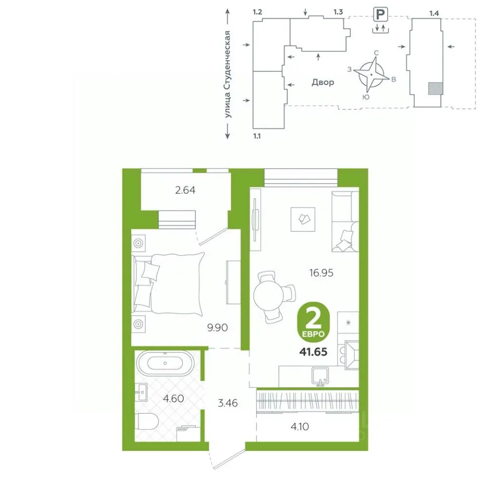 1-к кв. Свердловская область, Екатеринбург ул. Студенческая, 1А (41.65 м²)